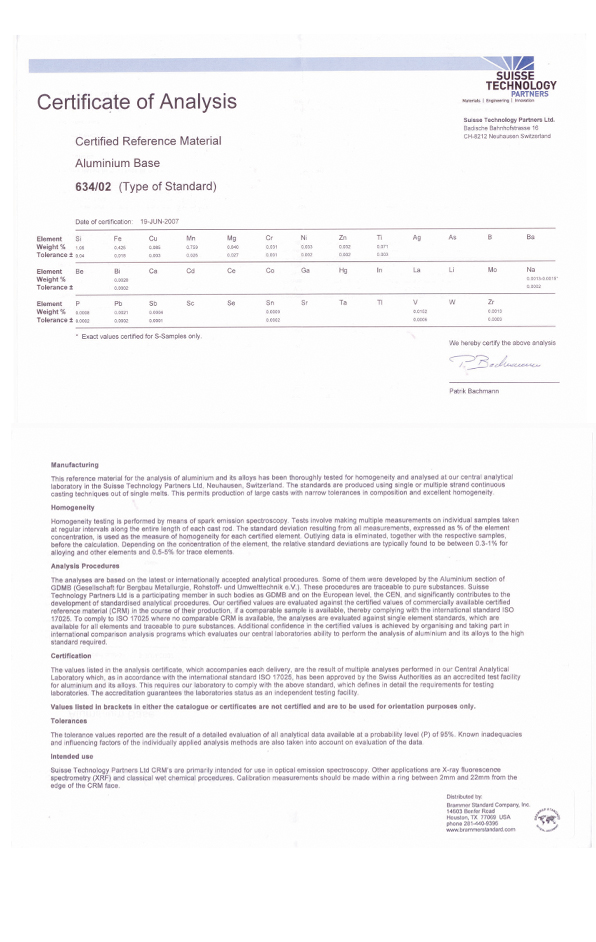 進口瑞士鋁業(yè)鋁合金光譜標(biāo)樣 AL 634/02標(biāo)樣證書 進口瑞士鋁業(yè)鋁合金光譜標(biāo)樣 AL 634/02標(biāo)樣證書