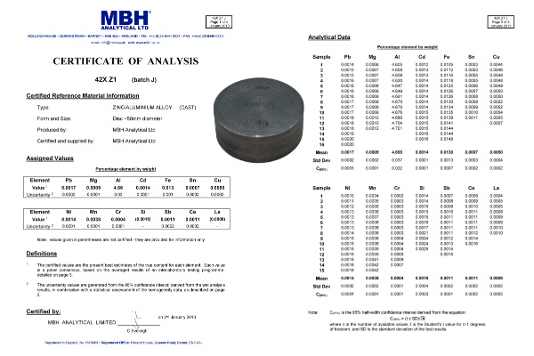MBH 42XZ1鋅標(biāo)樣 MBH 42XZ1鋅標(biāo)樣